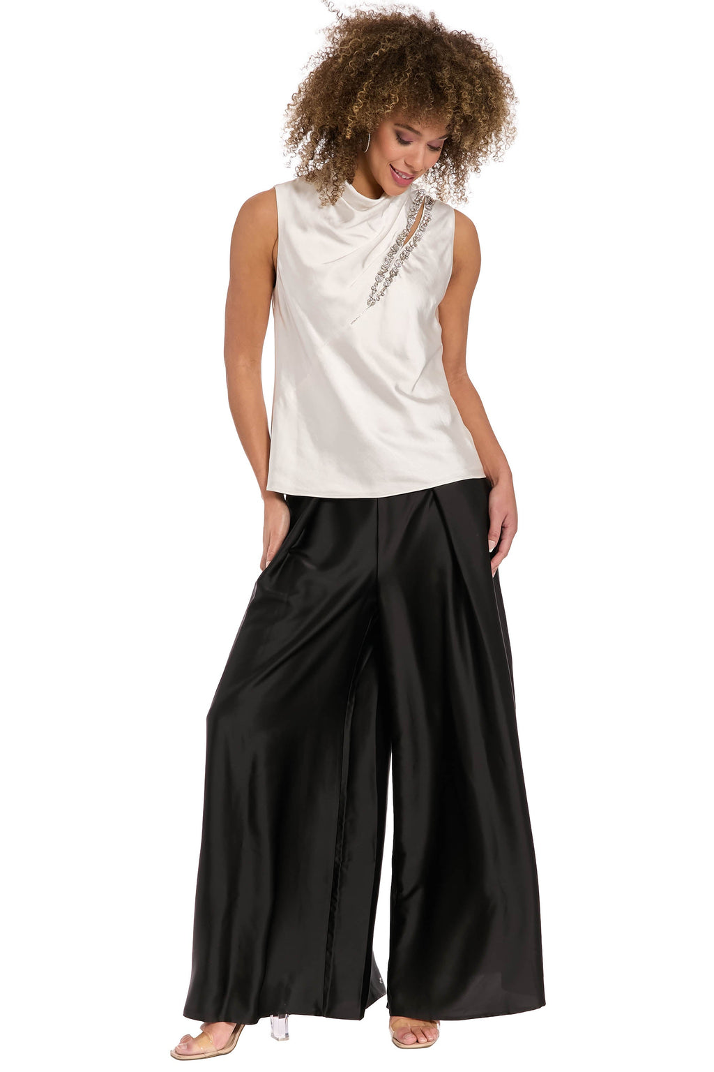 Nica Embellished Draped Mock Neck Satin Top