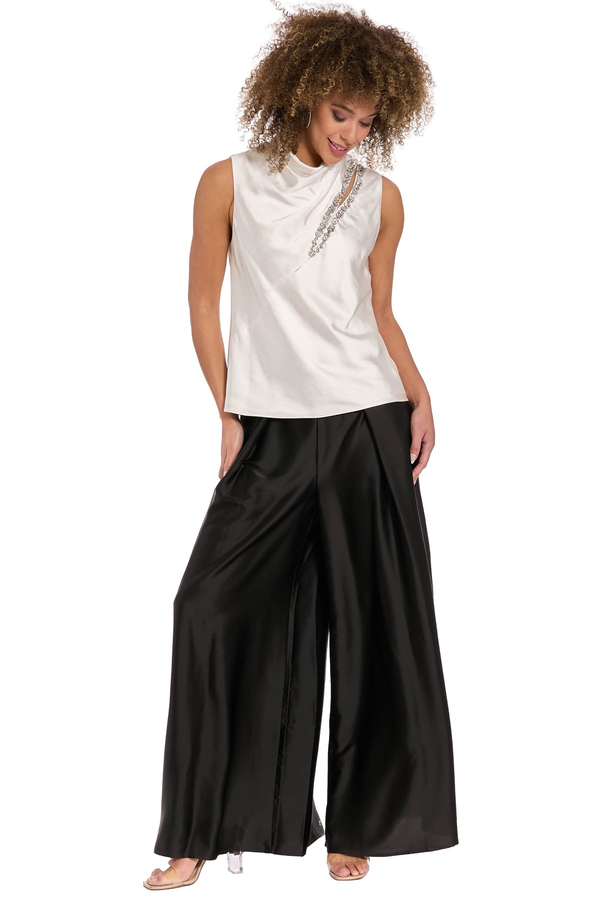 Nica Embellished Draped Mock Neck Satin Top