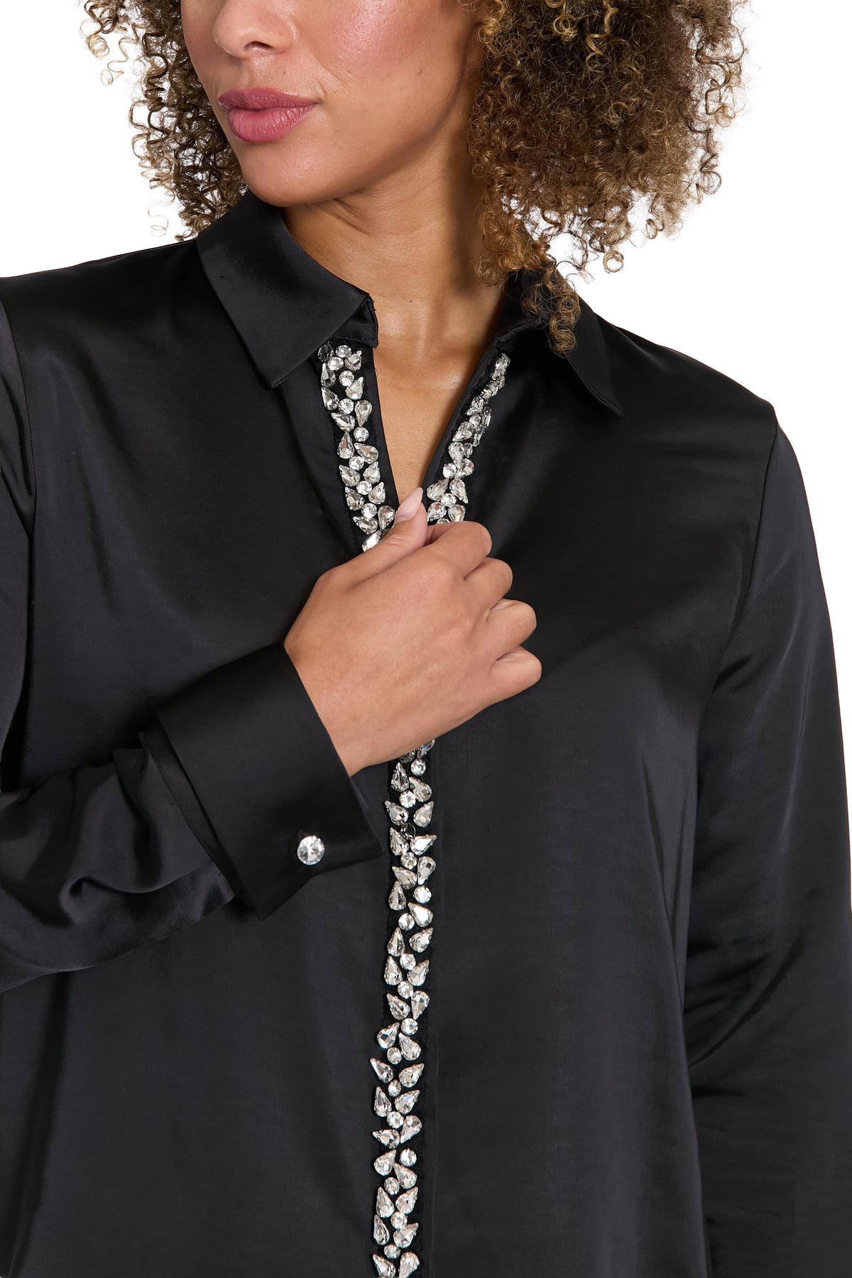Roosevelt Curve Jeweled Placket Long Sleeve Top