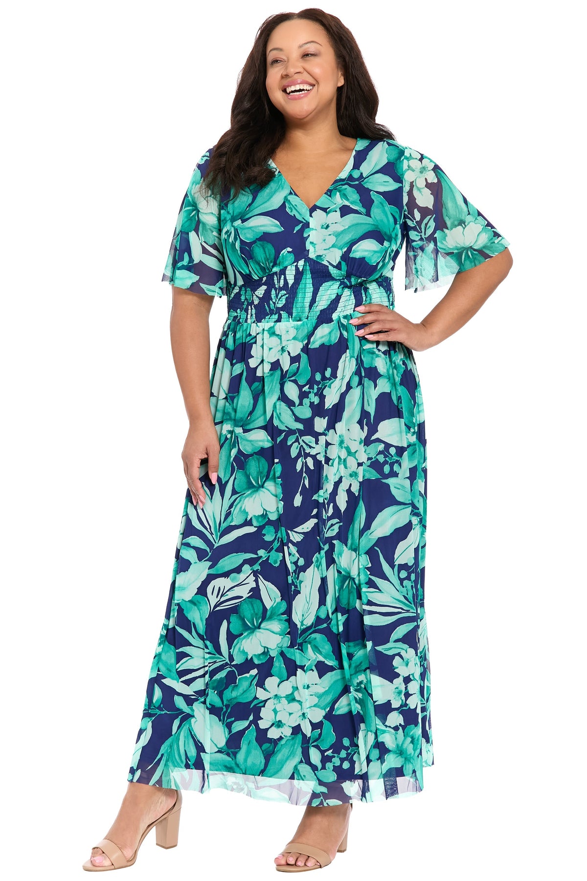 Leila Smocked Waist Mesh Maxi in Nature's Harmony