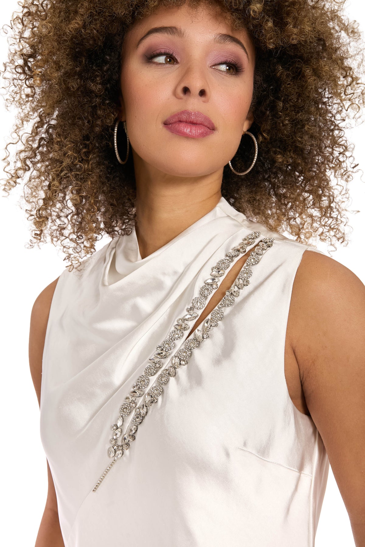 Nica Embellished Draped Mock Neck Satin Top