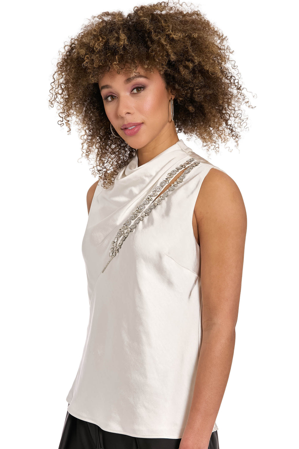 Nica Embellished Draped Mock Neck Satin Top