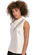 Nica Embellished Draped Mock Neck Satin Top