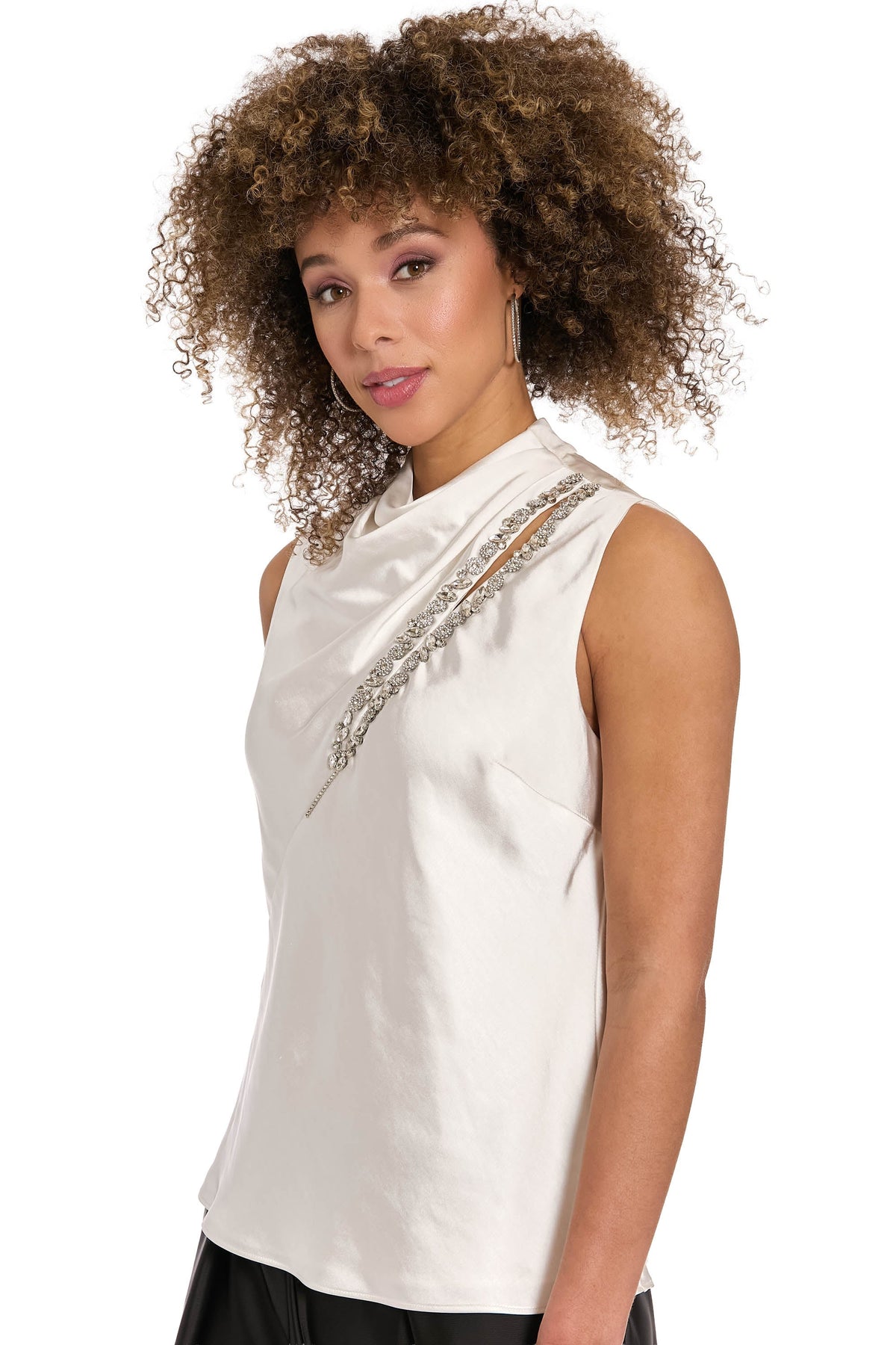 Nica Embellished Draped Mock Neck Satin Top