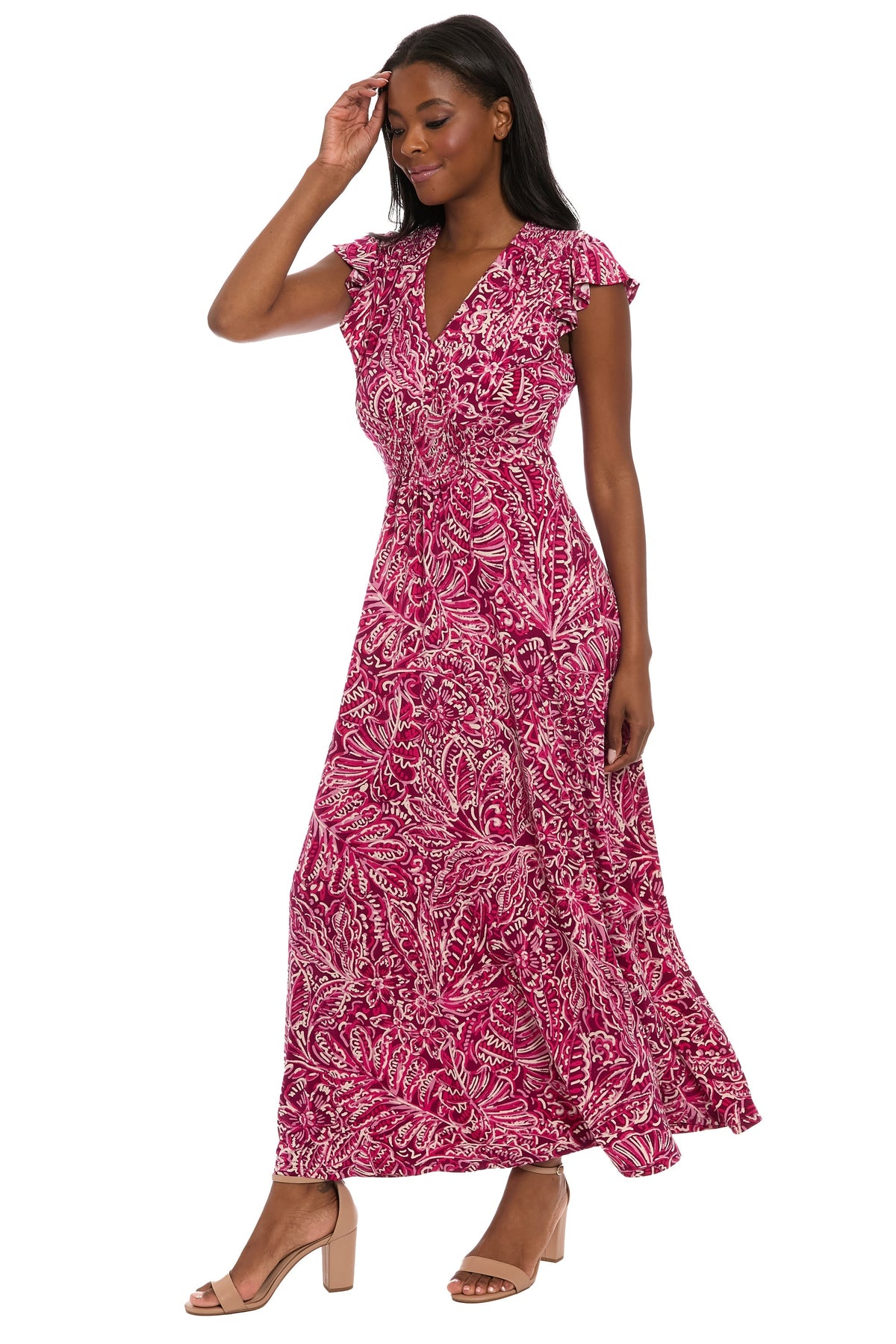 Tay in Linear Floral Maxi Flutter Sleeve Dress