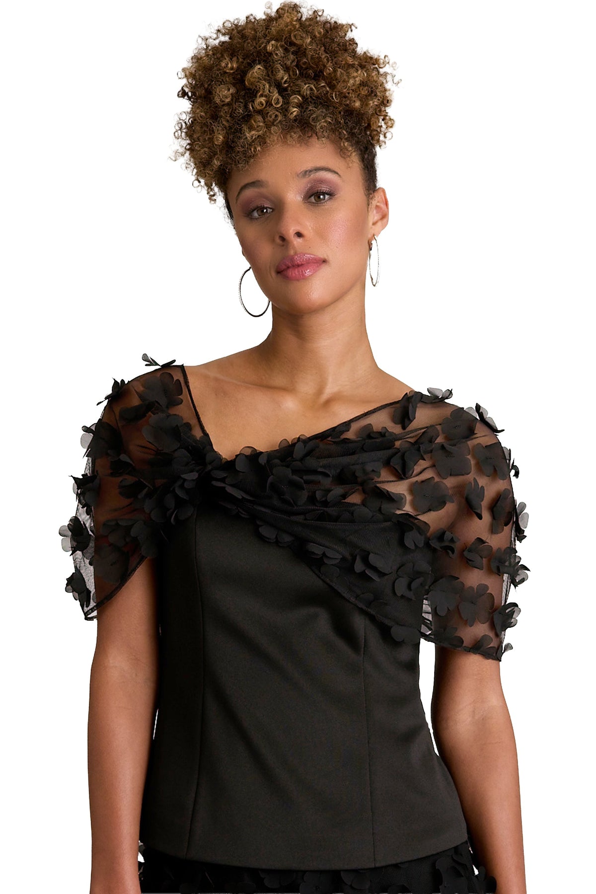Tudor 3D Mesh Flower Shawl Blouse