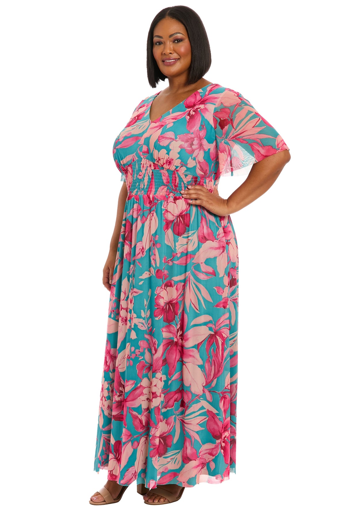 Leila Smocked Waist Mesh Maxi in Nature's Harmony