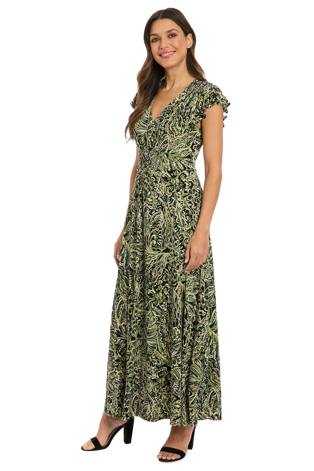 Tay in Linear Floral Maxi Flutter Sleeve Dress