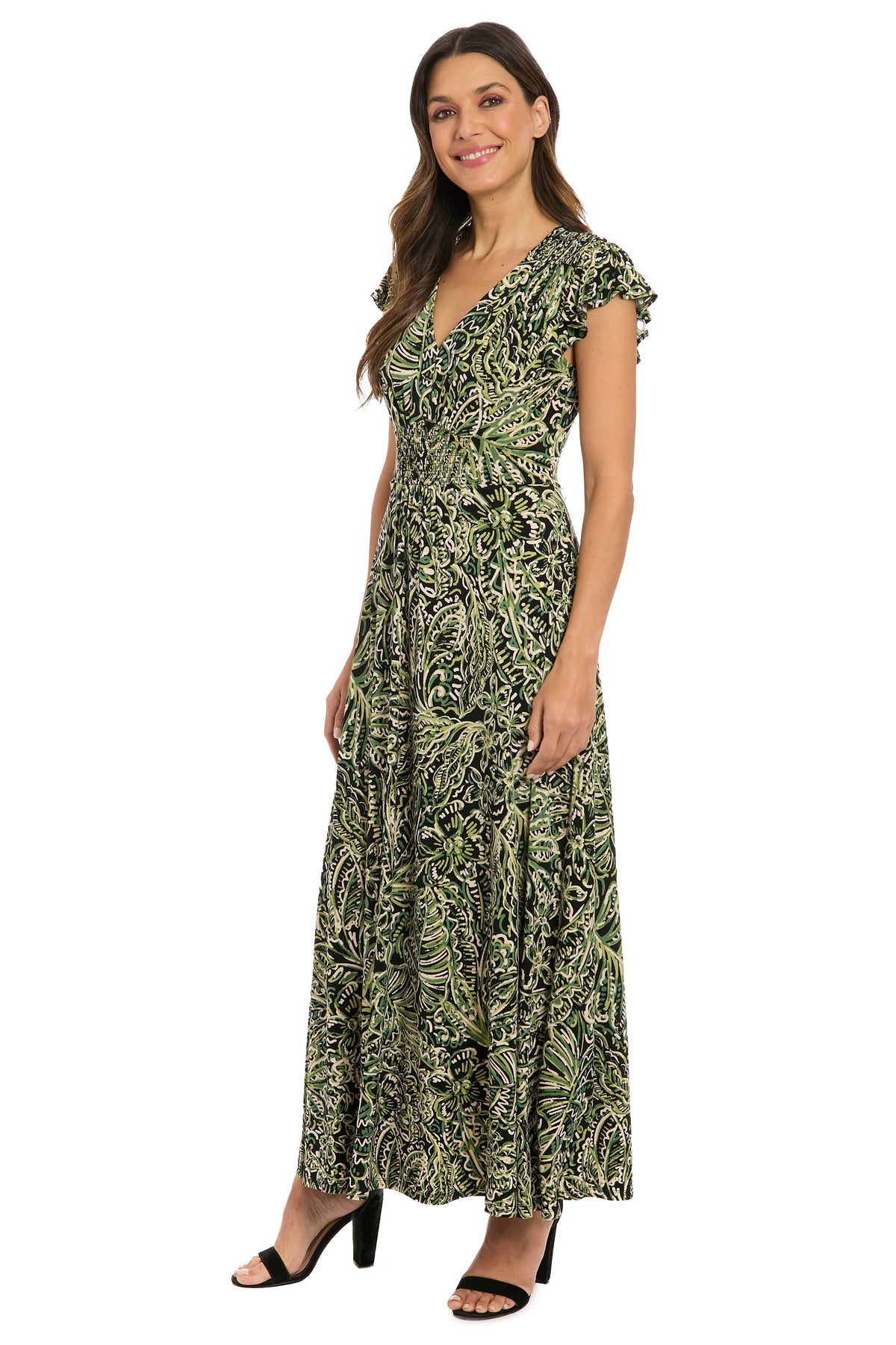 Tay in Linear Floral Maxi Flutter Sleeve Dress