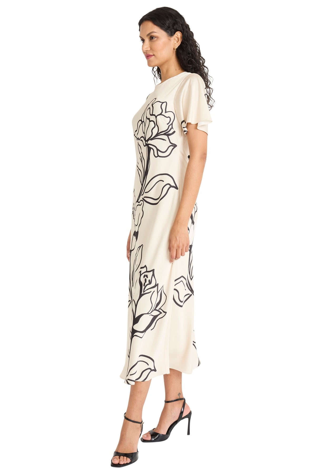 Meghann Graphic Floral Fluted Sleeve Midi Dress
