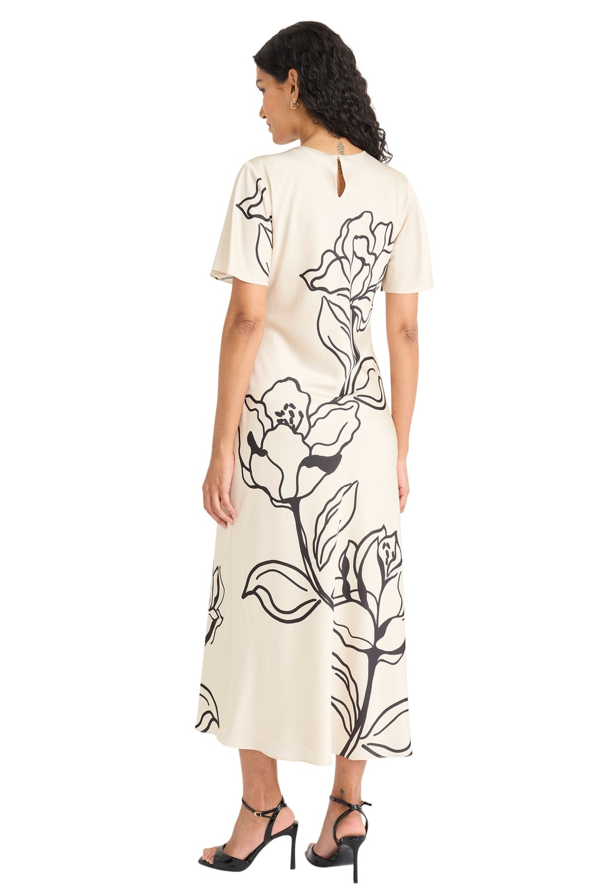 Meghann Graphic Floral Fluted Sleeve Midi Dress