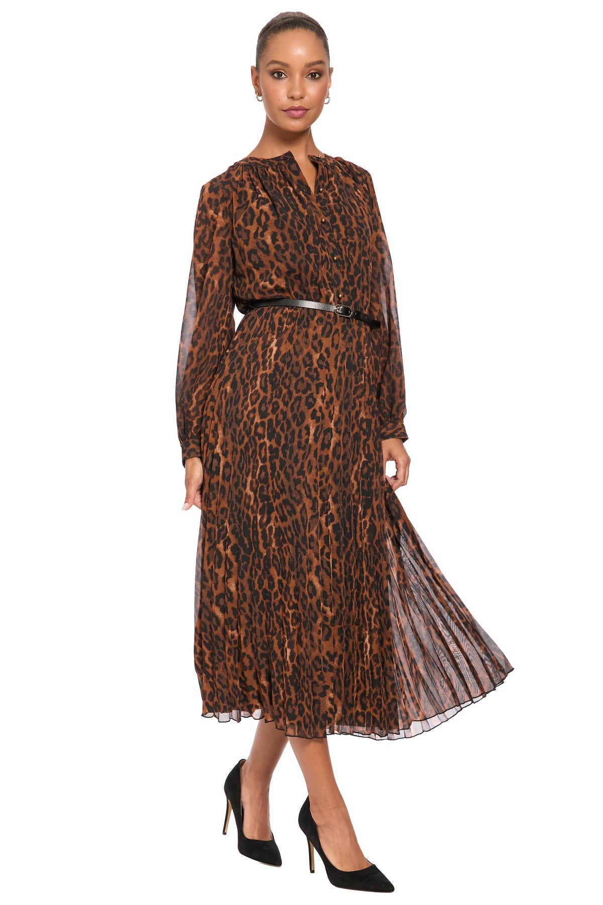 Tamsen Chiffon Pleated Shirtdress in Leopard