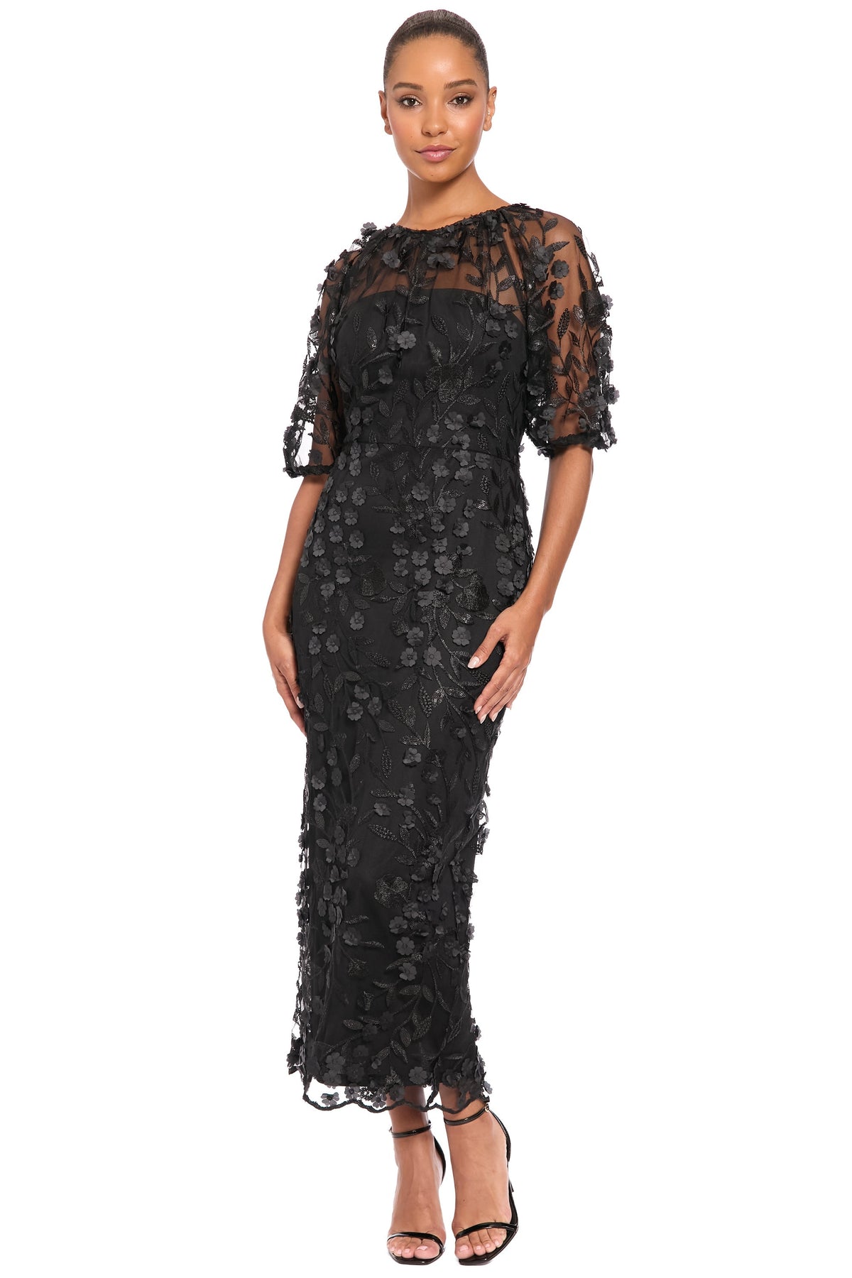 Marigold Dress Textured 3D Embroidered Tea Length