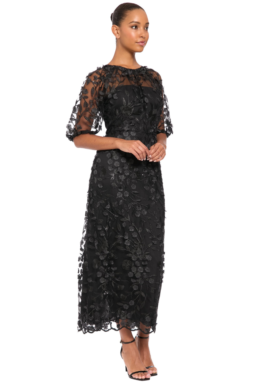 Marigold Dress Textured 3D Embroidered Tea Length