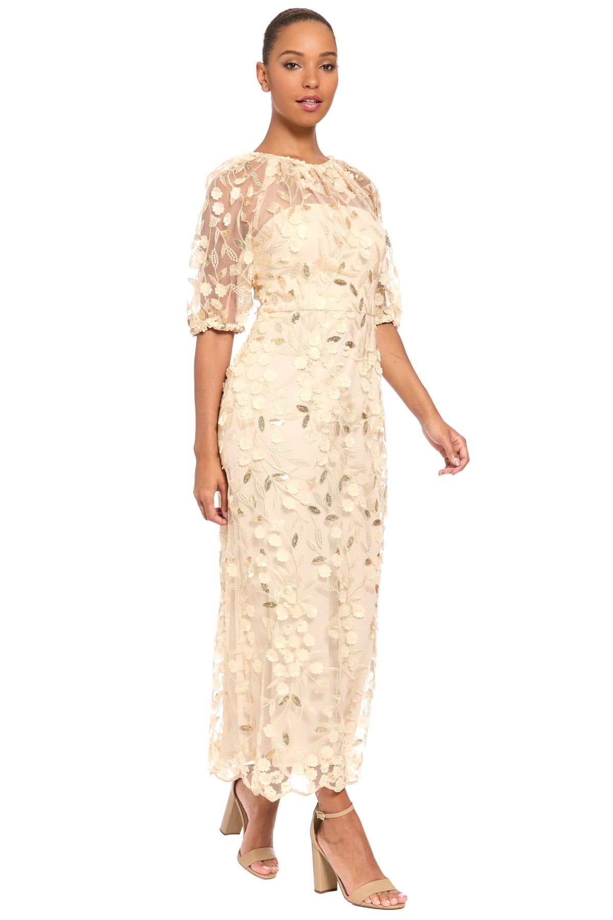 Marigold Dress Textured 3D Embroidered Tea Length