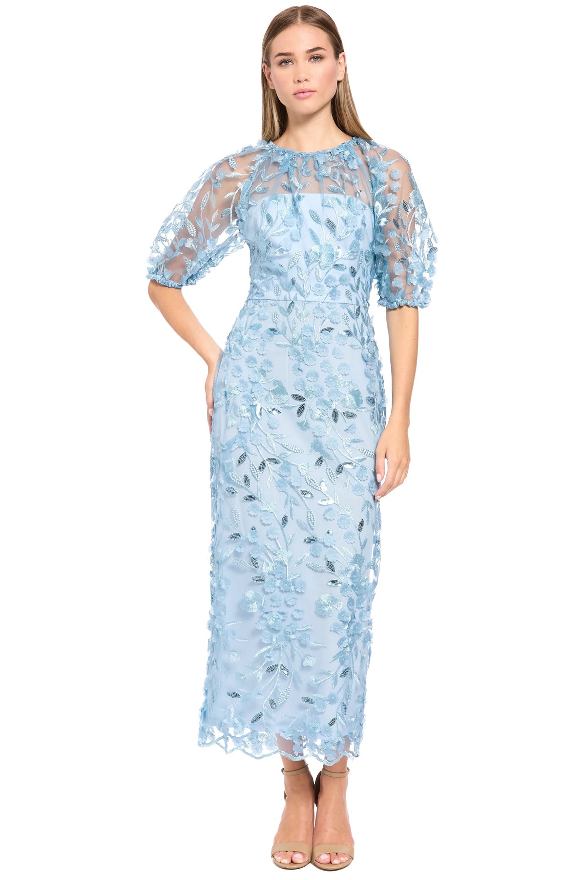Marigold Dress Textured 3D Embroidered Tea Length
