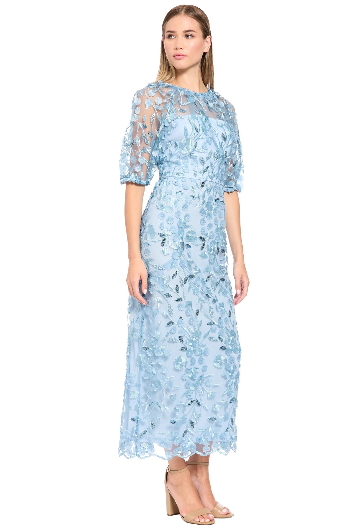 Marigold Dress Textured 3D Embroidered Tea Length