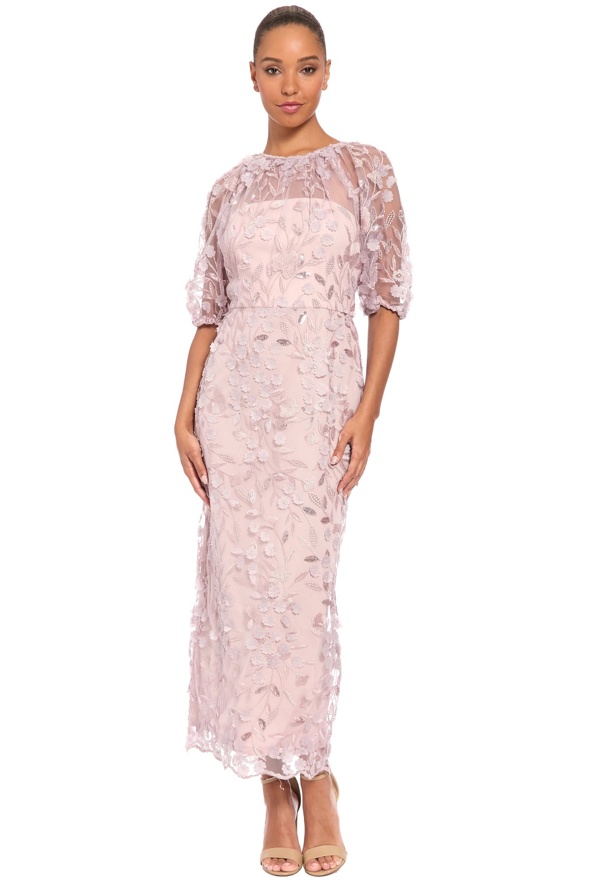 Marigold Dress Textured 3D Embroidered Tea Length