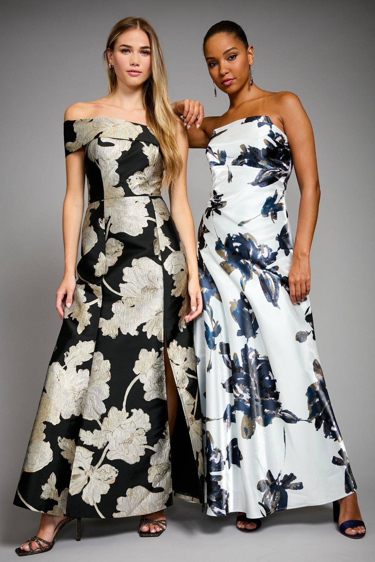 Reya Off the Shoulder Gown in Metallic Floral Jacquard