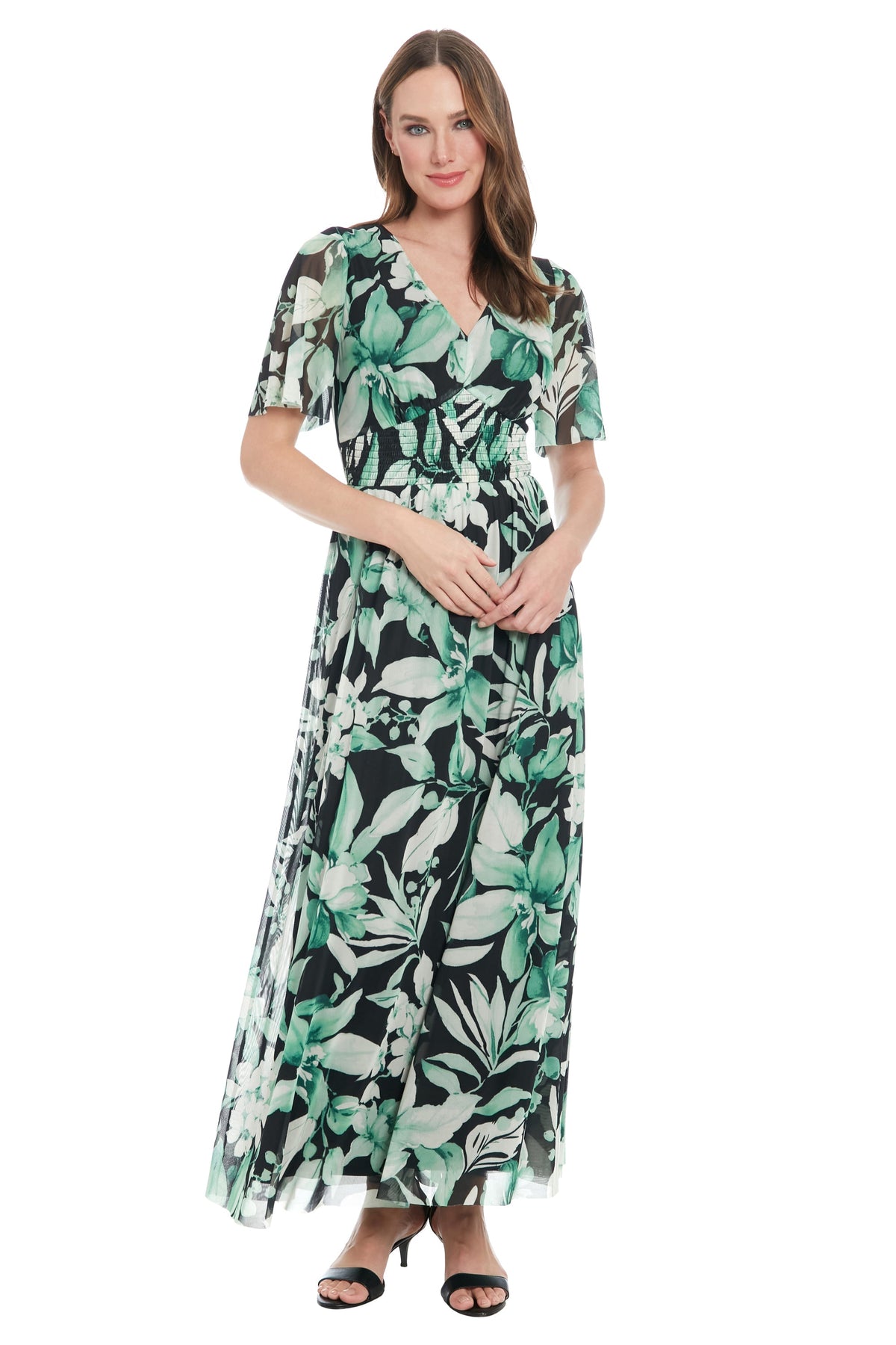 Leila Smocked Waist Mesh Maxi in Nature's Harmony