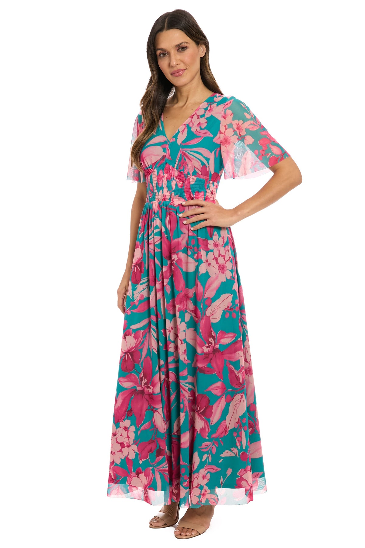 Leila Smocked Waist Mesh Maxi in Nature's Harmony
