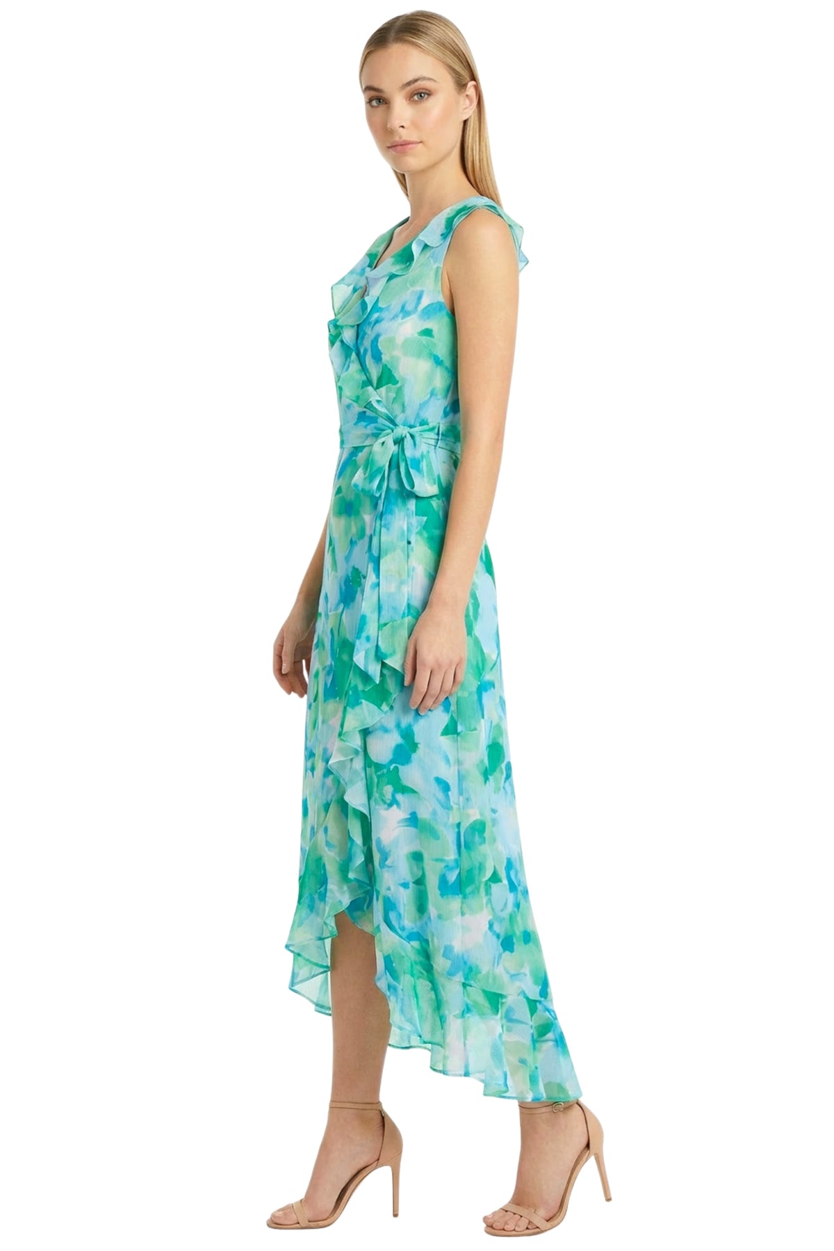 Rosie Side Tie Ruffle Dress in Blurred Poppy