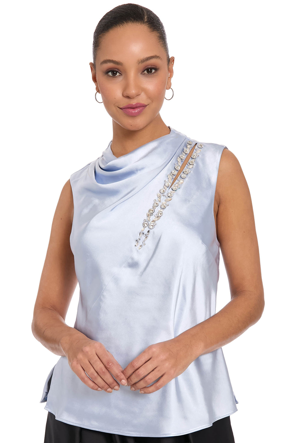 Nica Embellished Draped Mock Neck Satin Top