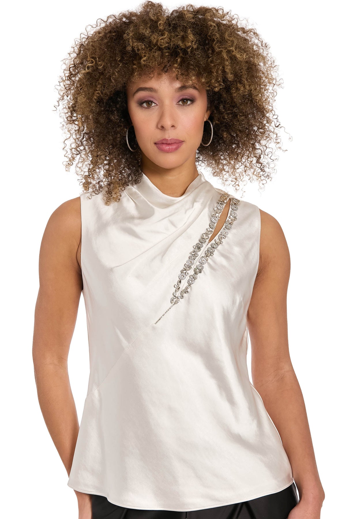 Nica Embellished Draped Mock Neck Satin Top