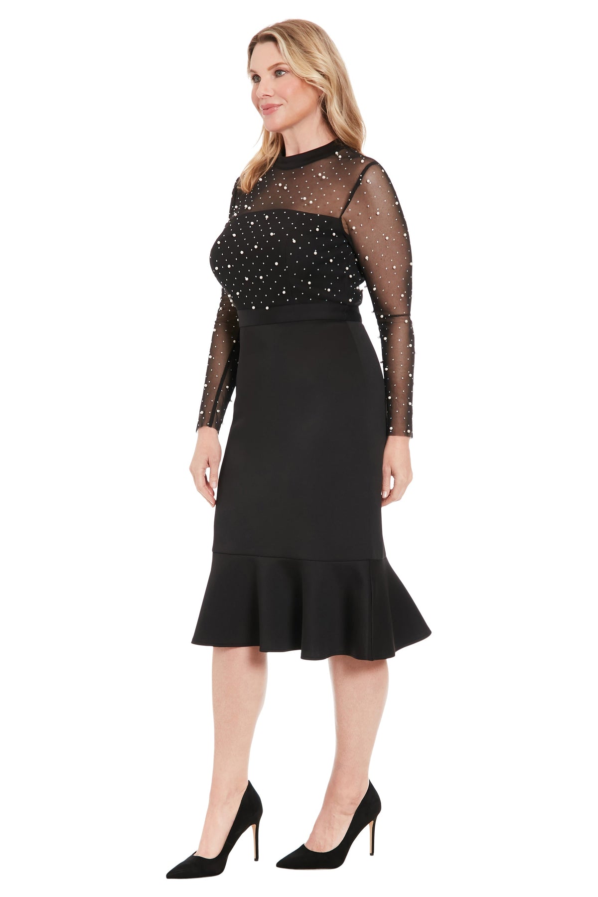 Laurenda Beaded Pearl Illusion Mesh Midi