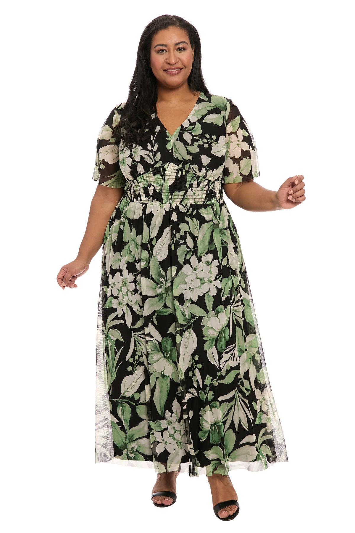 Leila Smocked Waist Mesh Maxi in Nature's Harmony