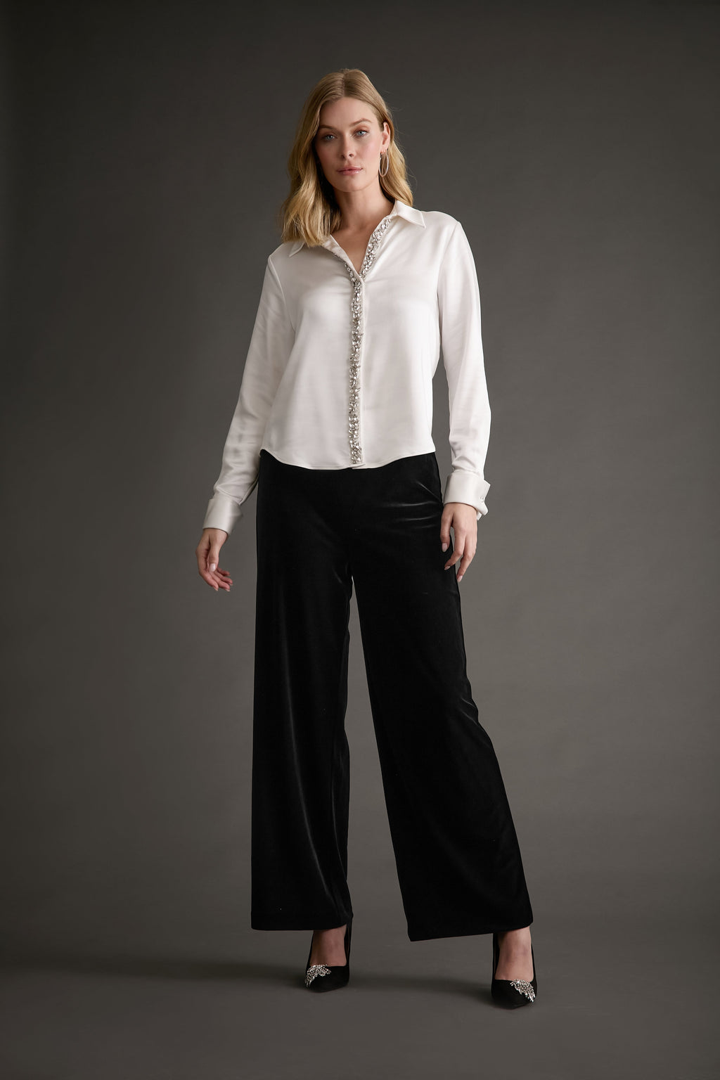 Roosevelt Curve Jeweled Placket Long Sleeve Top