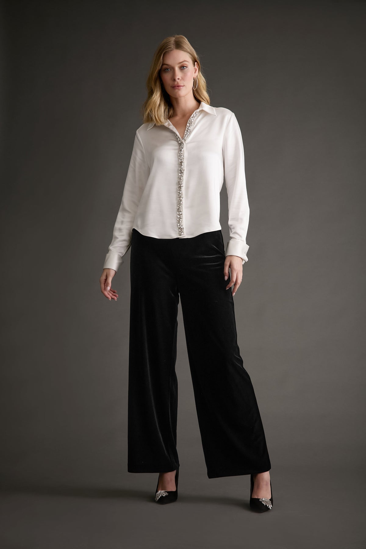 Roosevelt Curve Jeweled Placket Long Sleeve Top