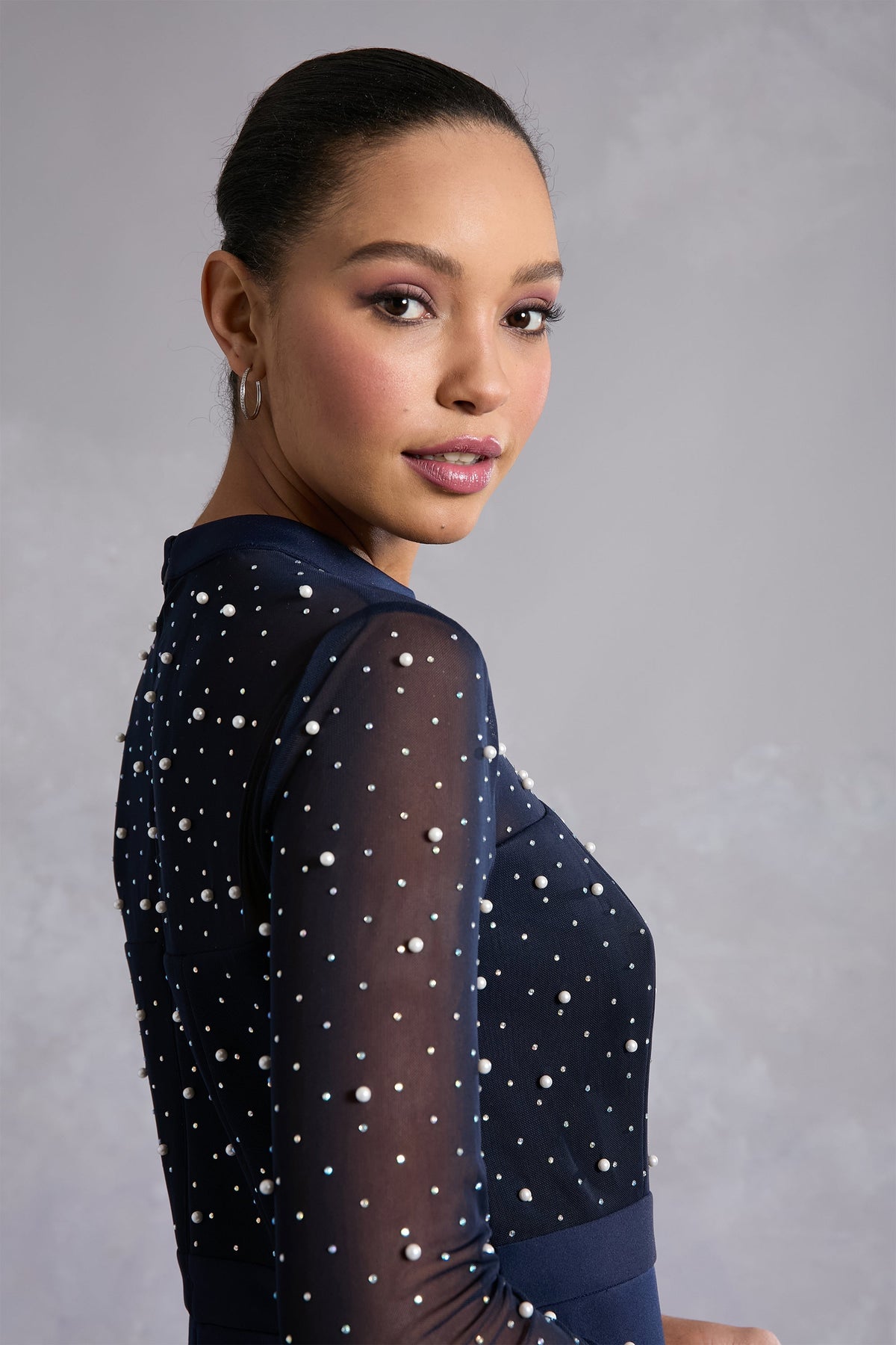 Laurenda Beaded Pearl Illusion Mesh Midi