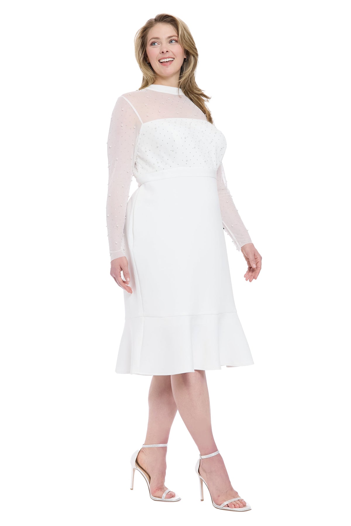Laurenda Beaded Pearl Illusion Mesh Midi