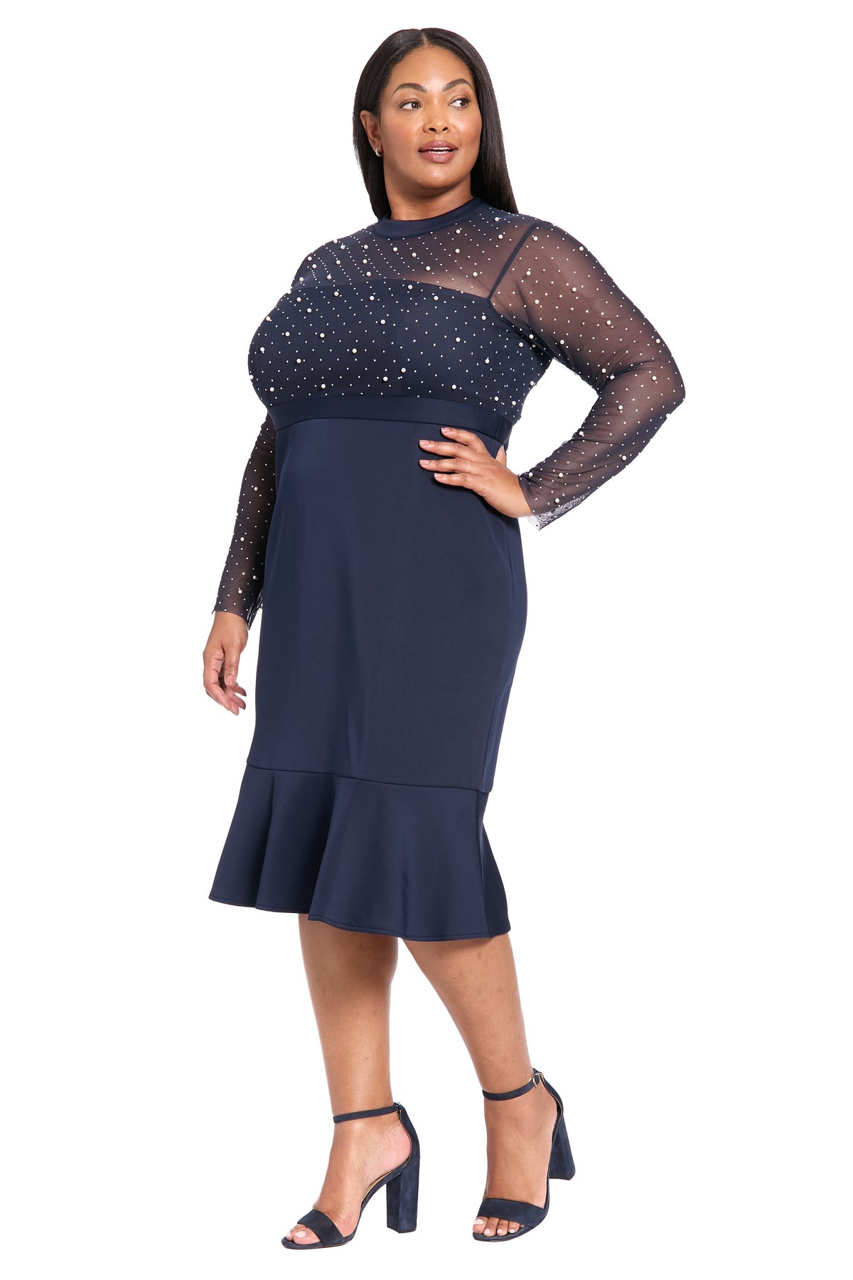 Laurenda Beaded Pearl Illusion Mesh Midi