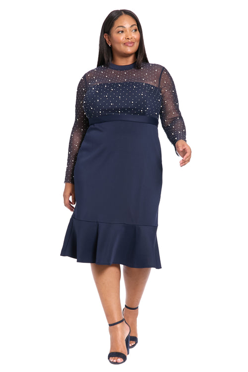 Laurenda Beaded Pearl Illusion Mesh Midi