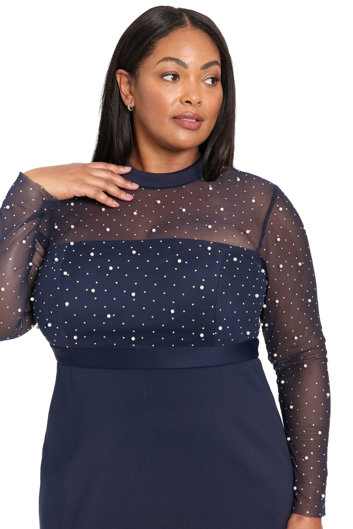 Laurenda Beaded Pearl Illusion Mesh Midi