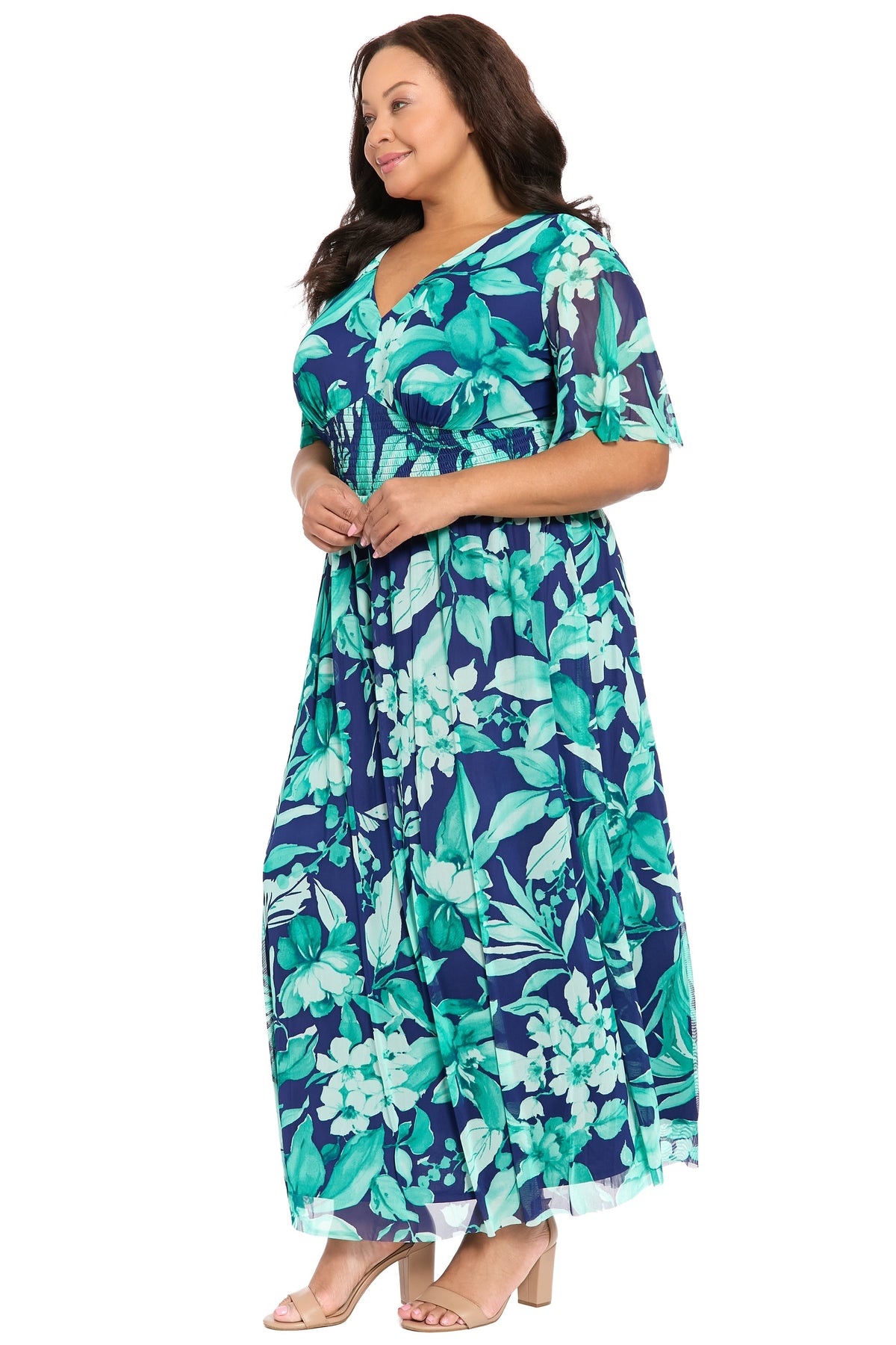 Leila Smocked Waist Mesh Maxi in Nature's Harmony