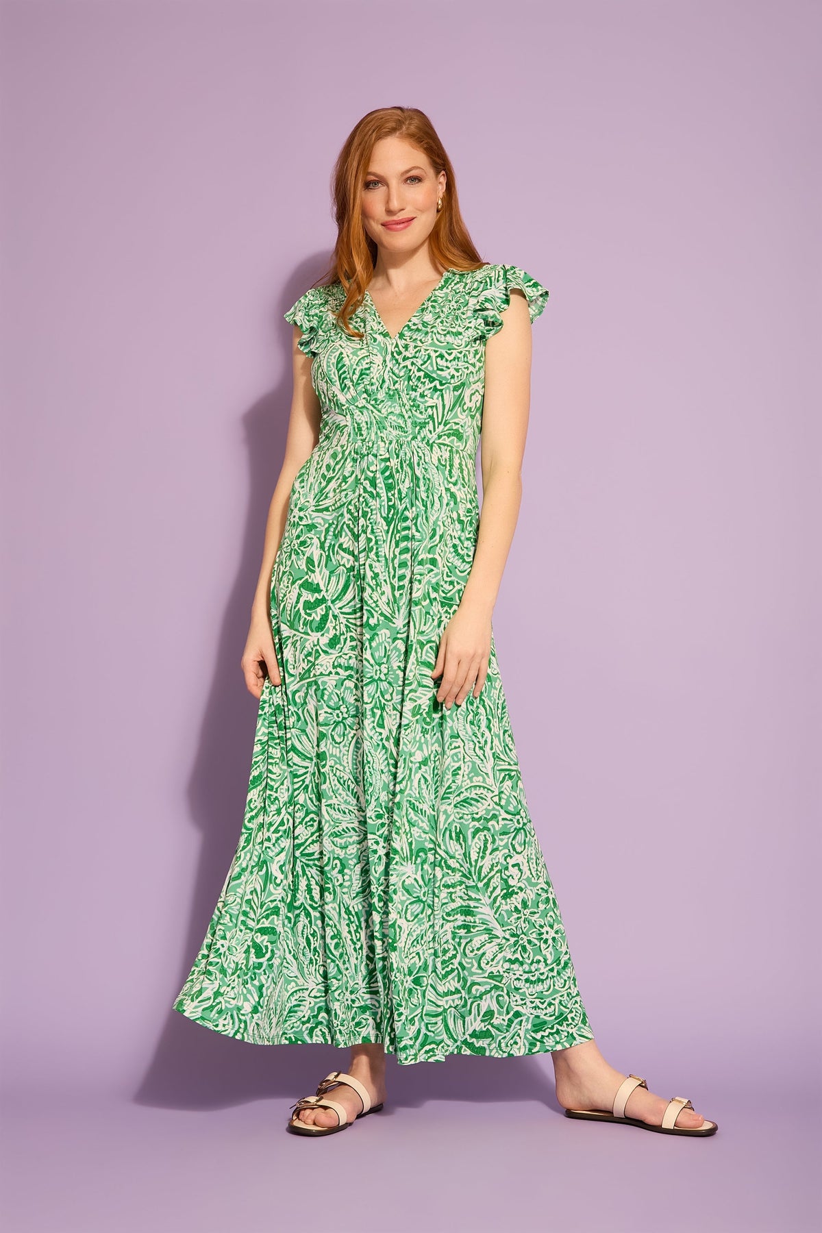Tay in Linear Floral Maxi Flutter Sleeve Dress