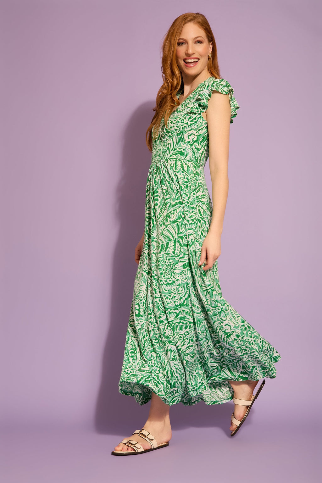 Tay in Linear Floral Maxi Flutter Sleeve Dress
