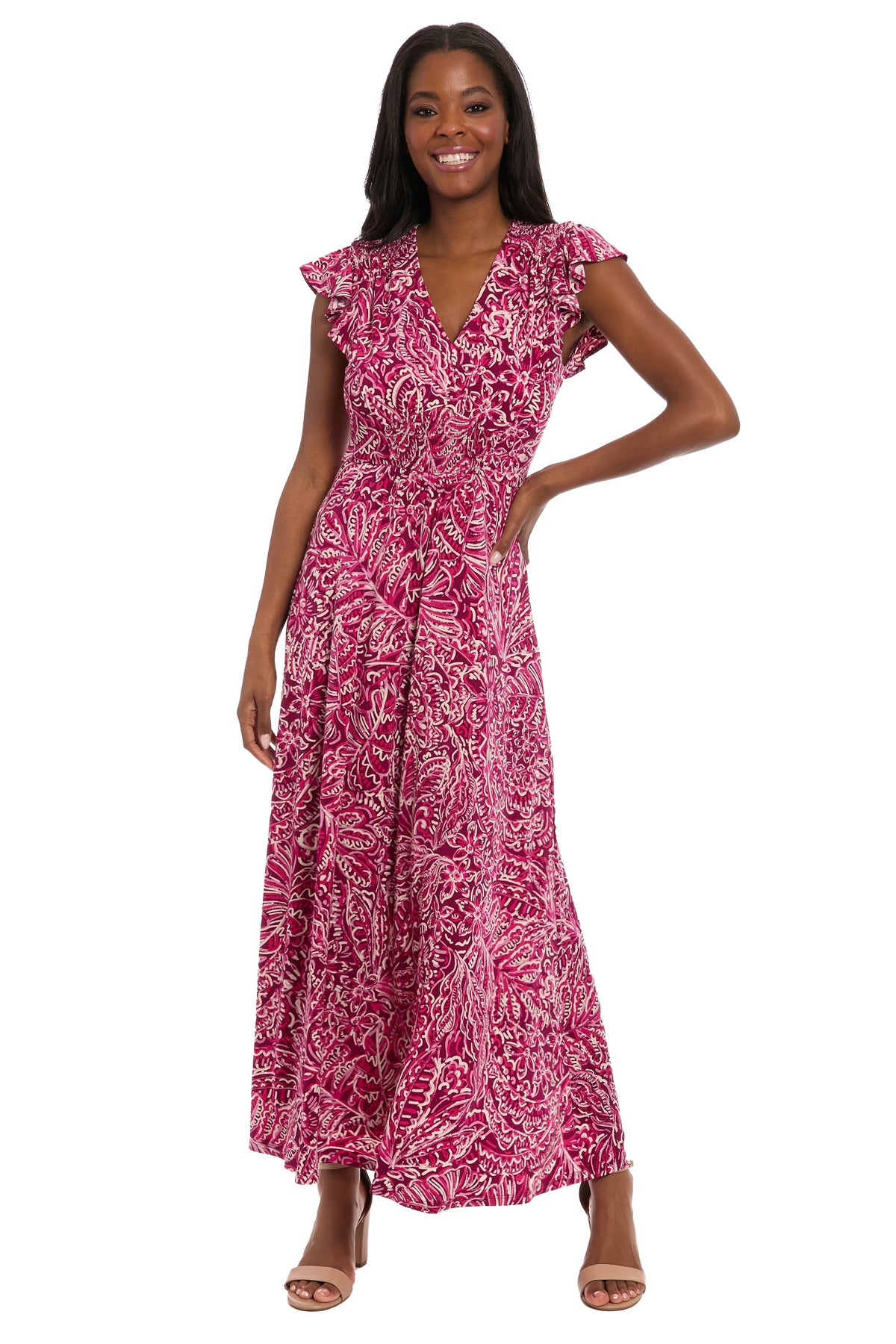 Tay in Linear Floral Maxi Flutter Sleeve Dress
