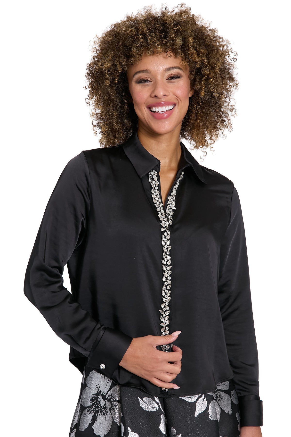 Roosevelt Curve Jeweled Placket Long Sleeve Top