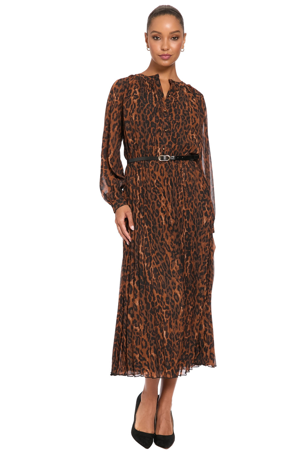 Tamsen Chiffon Pleated Shirtdress in Leopard