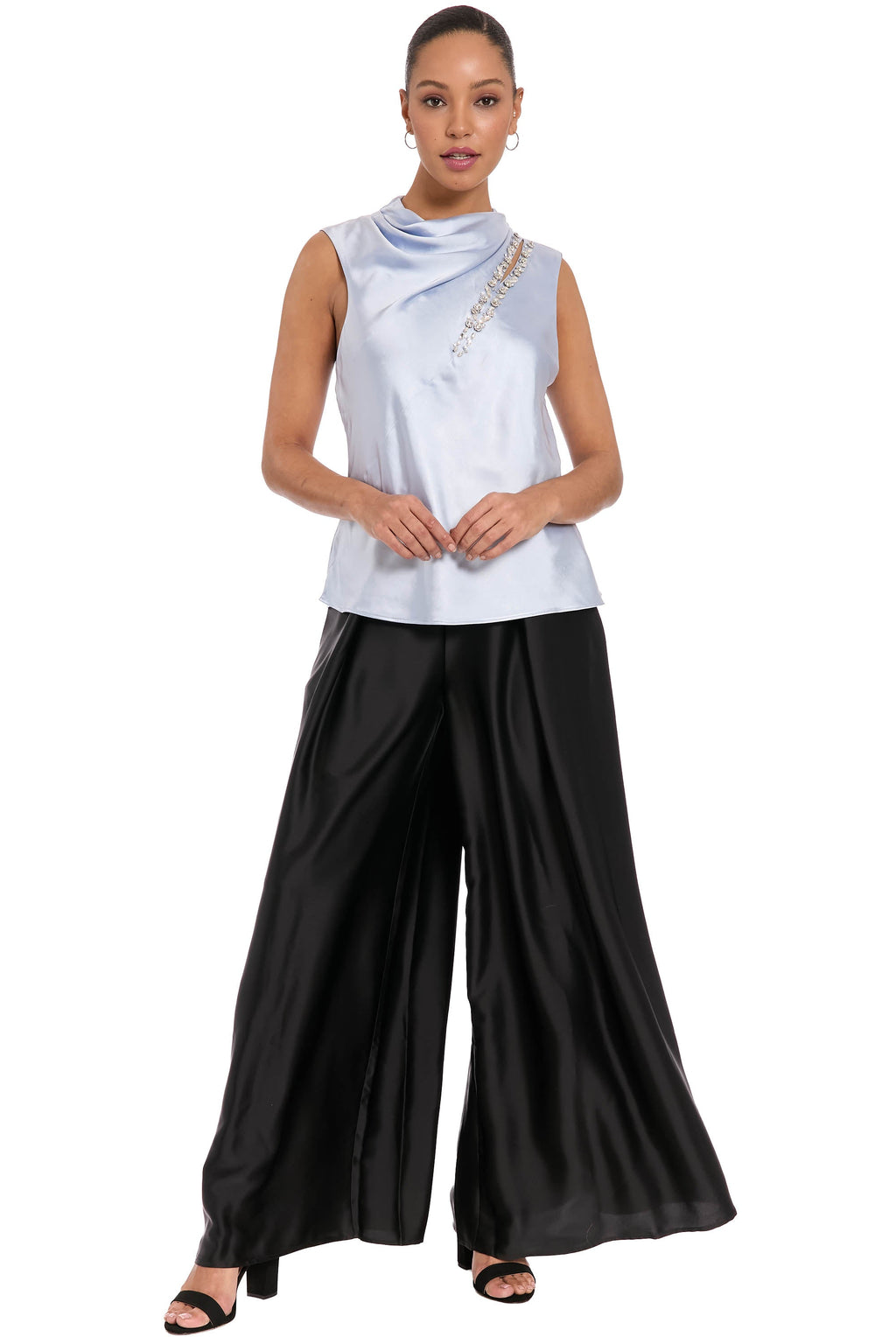Nica Embellished Draped Mock Neck Satin Top