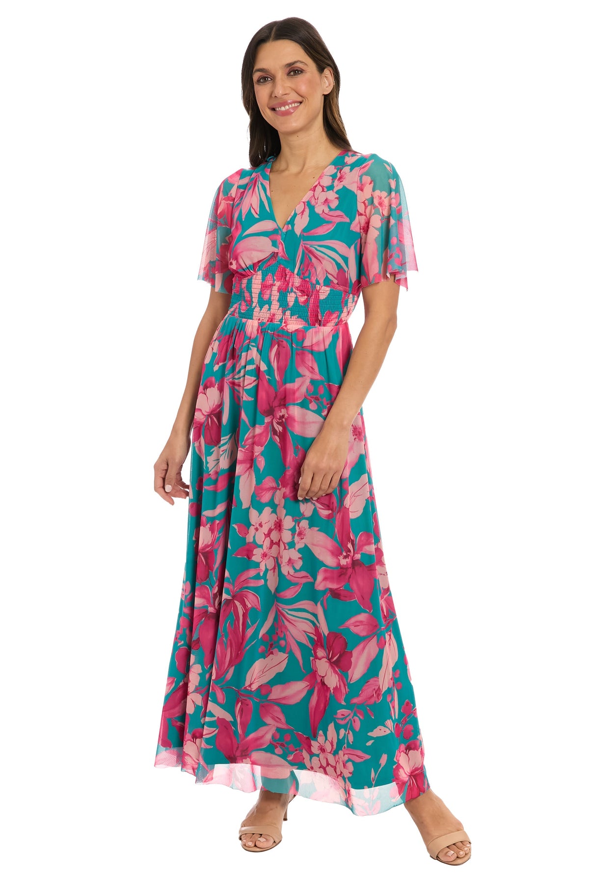 Leila Smocked Waist Mesh Maxi in Nature's Harmony