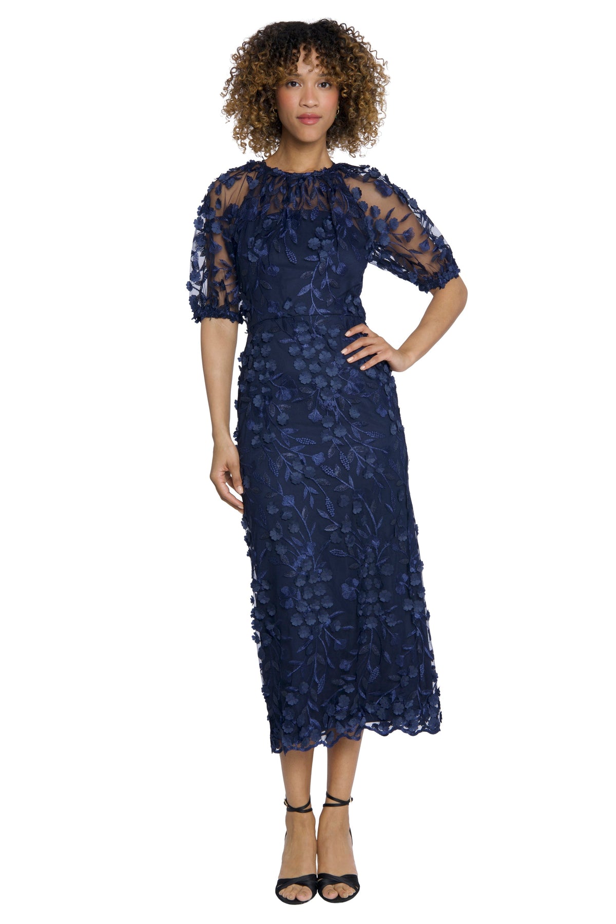 Marigold Dress Textured 3D Embroidered Tea Length