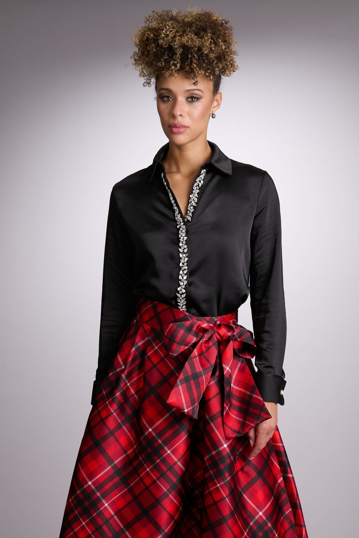 Roosevelt Curve Jeweled Placket Long Sleeve Top