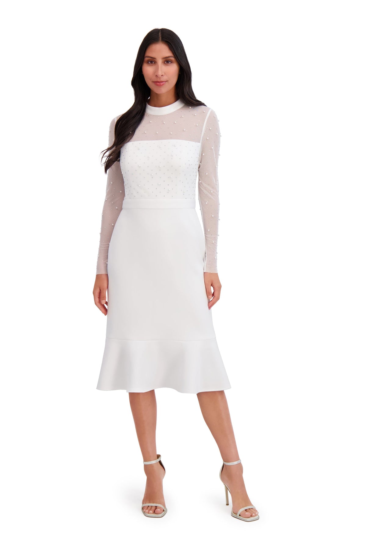 Laurenda Beaded Pearl Illusion Mesh Midi