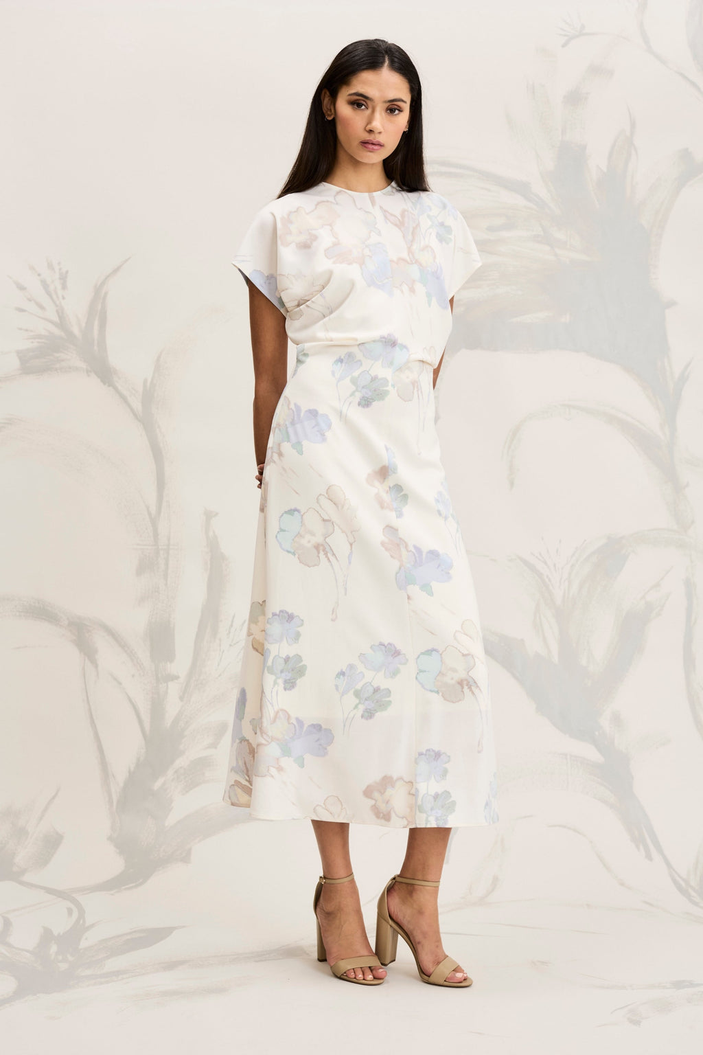 Theo Cap Sleeve Mock Neck Midi in Ghost Floral