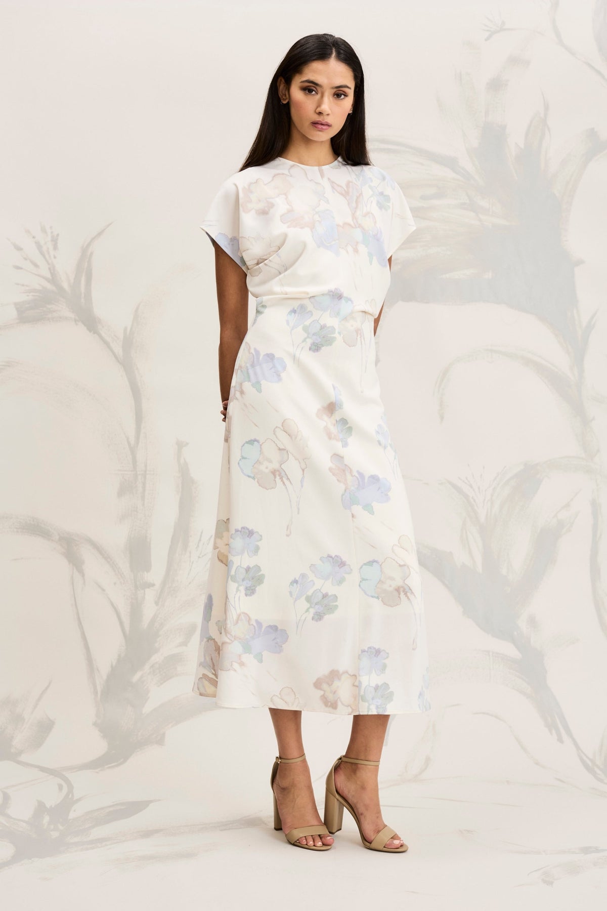Theo Cap Sleeve Mock Neck Midi in Ghost Floral